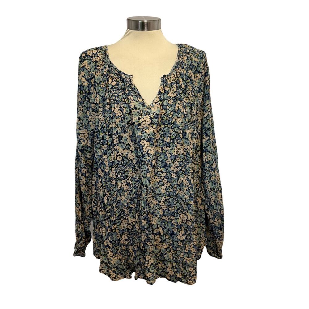 Chaps Boho Peasant Blue Floral Long Sleeve Crinkle Blouse Size 2X Plus Cotton